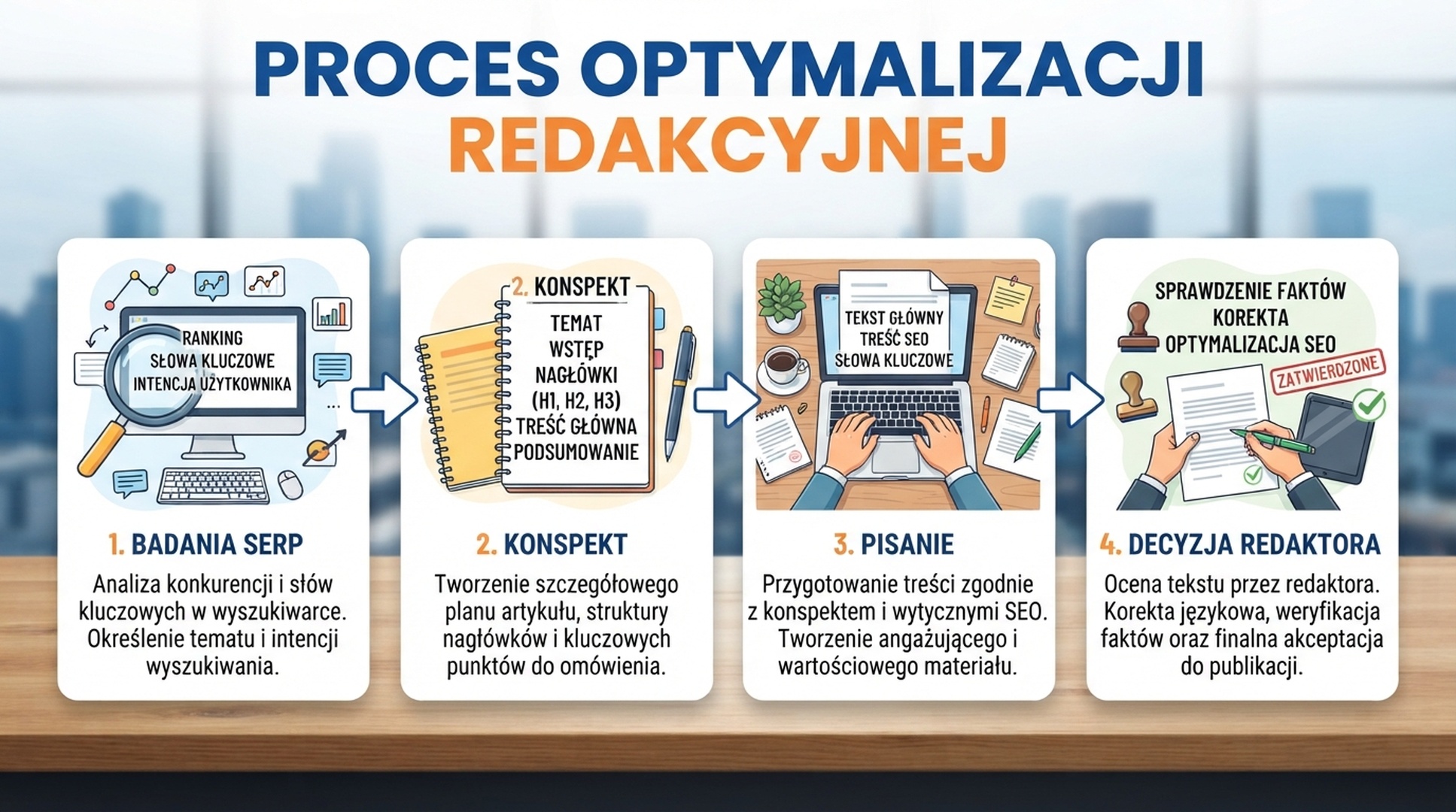 Polska infografika procesu optymalizacji redakcyjnej od badan SERP do decyzji redaktora