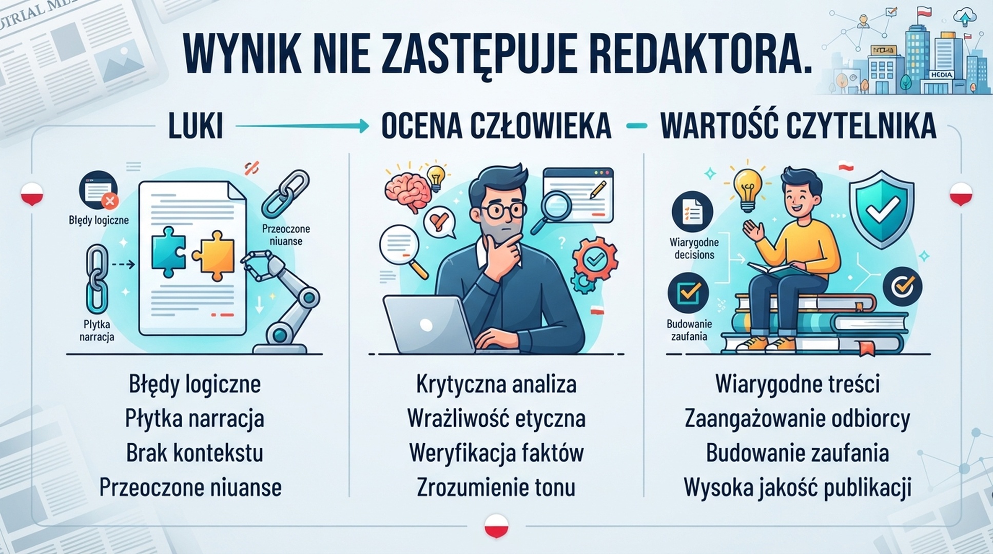 Polska infografika o lukach pokrycia, ocenie czlowieka i wartosci dla czytelnika