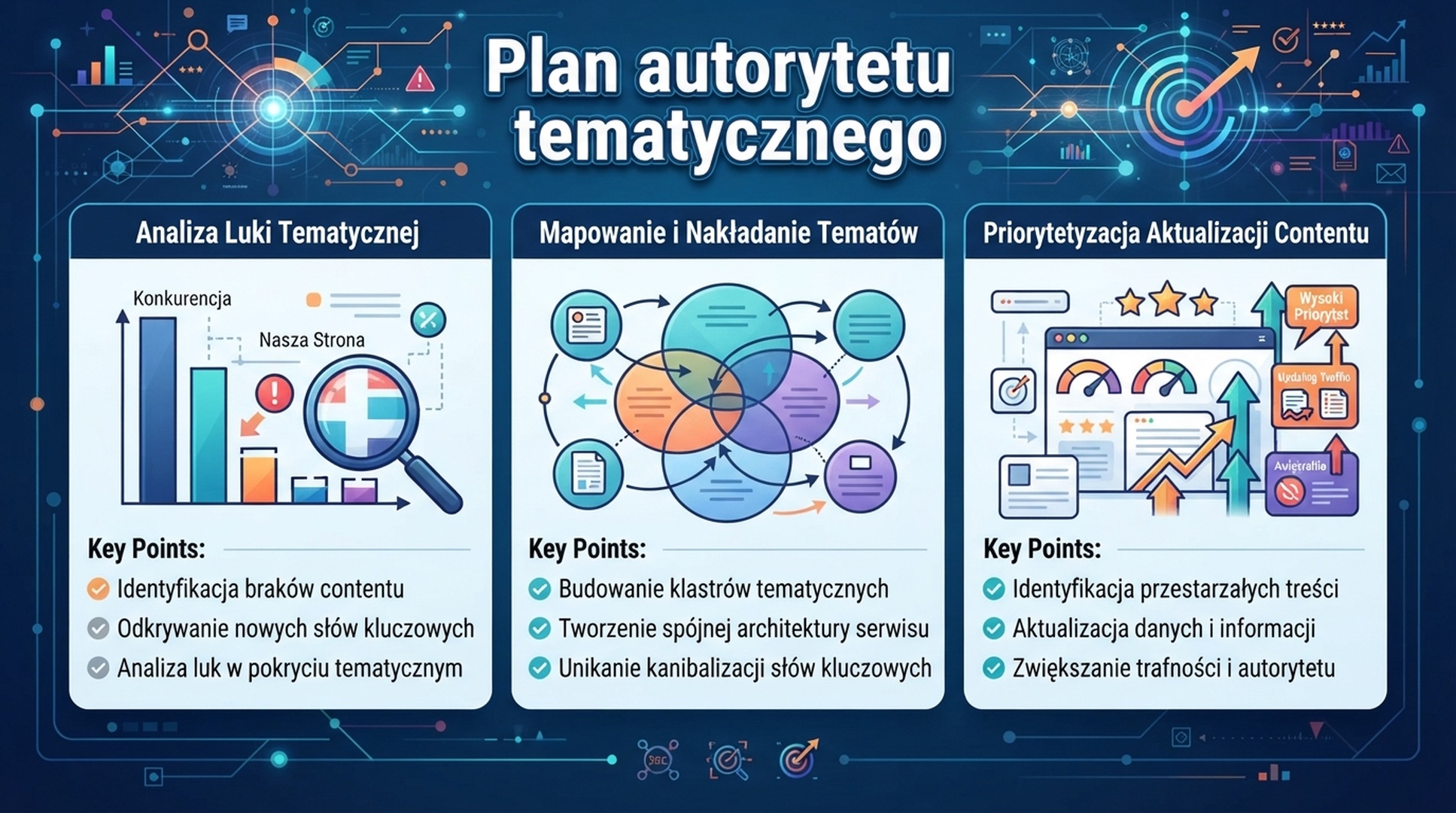 Polska infografika autorytetu tematycznego z lukami, nakladaniem i priorytetem aktualizacji