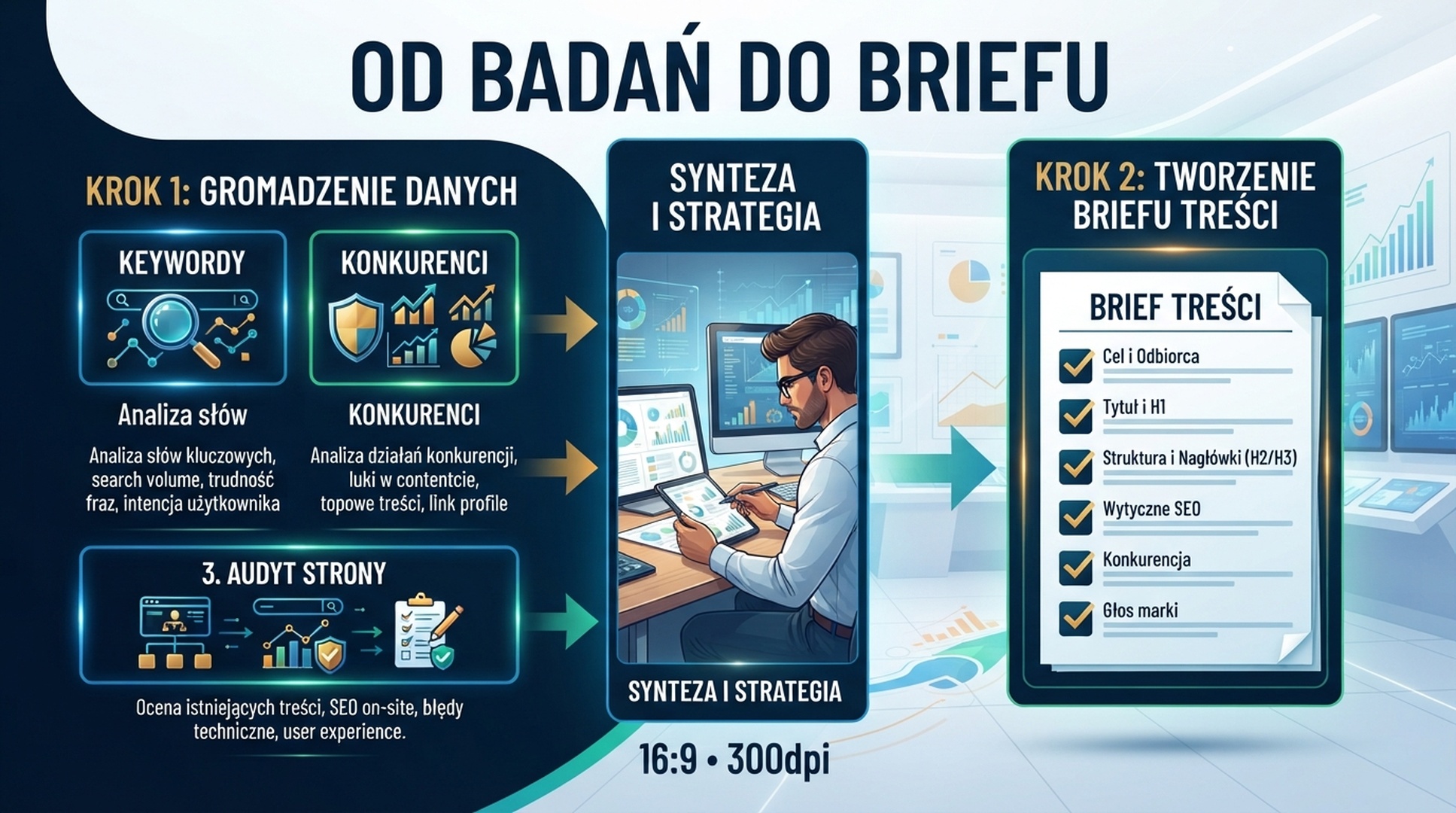 Polska infografika laczaca keywordy, konkurentow i audyt strony z briefem tresci