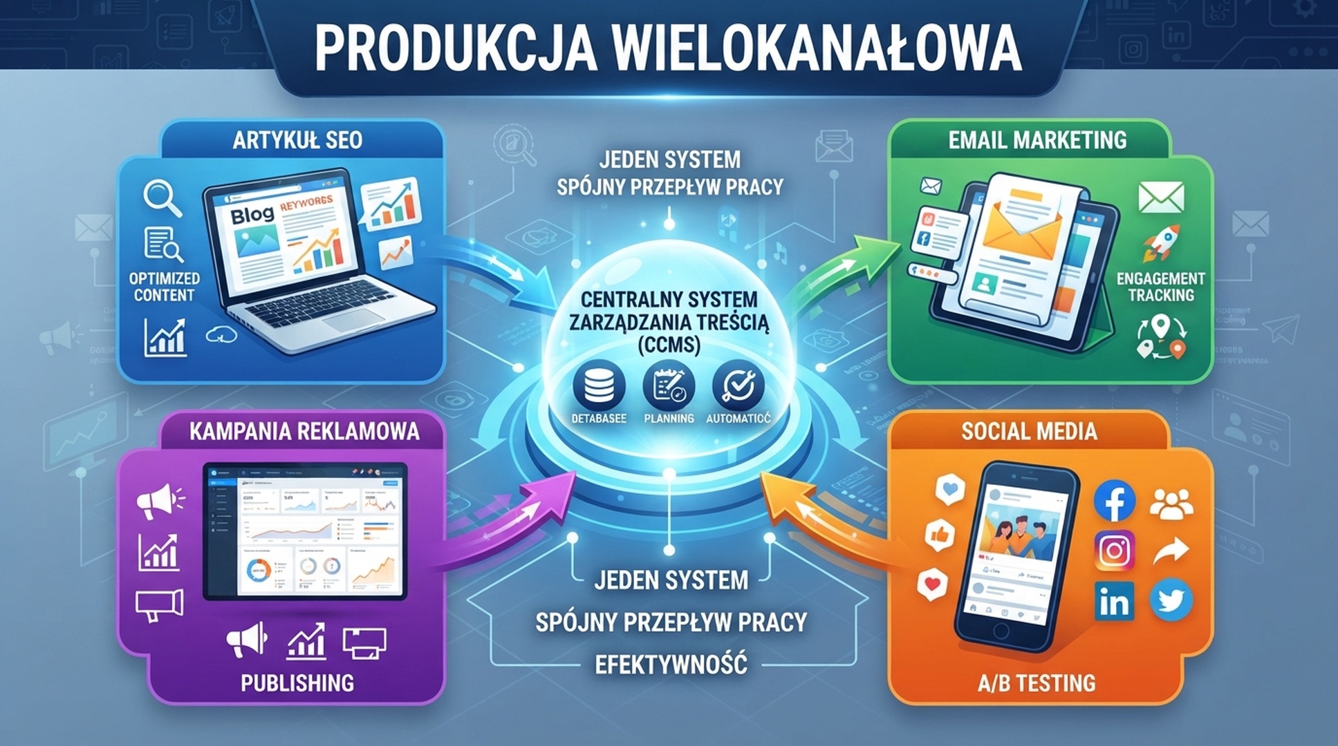Polska infografika wielokanalowej produkcji artykulu SEO, emaila, kampanii i social media