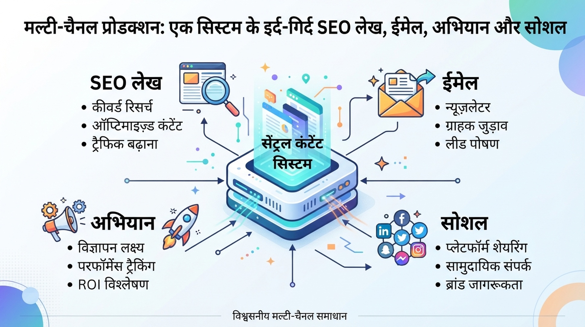 SEO article, email, campaign और social content के multi-channel production को दिखाने वाली हिंदी infographic