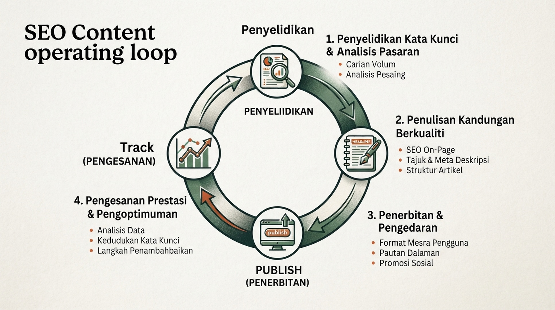 Infografik Bahasa Melayu tentang gelung operasi kandungan SEO Auspia