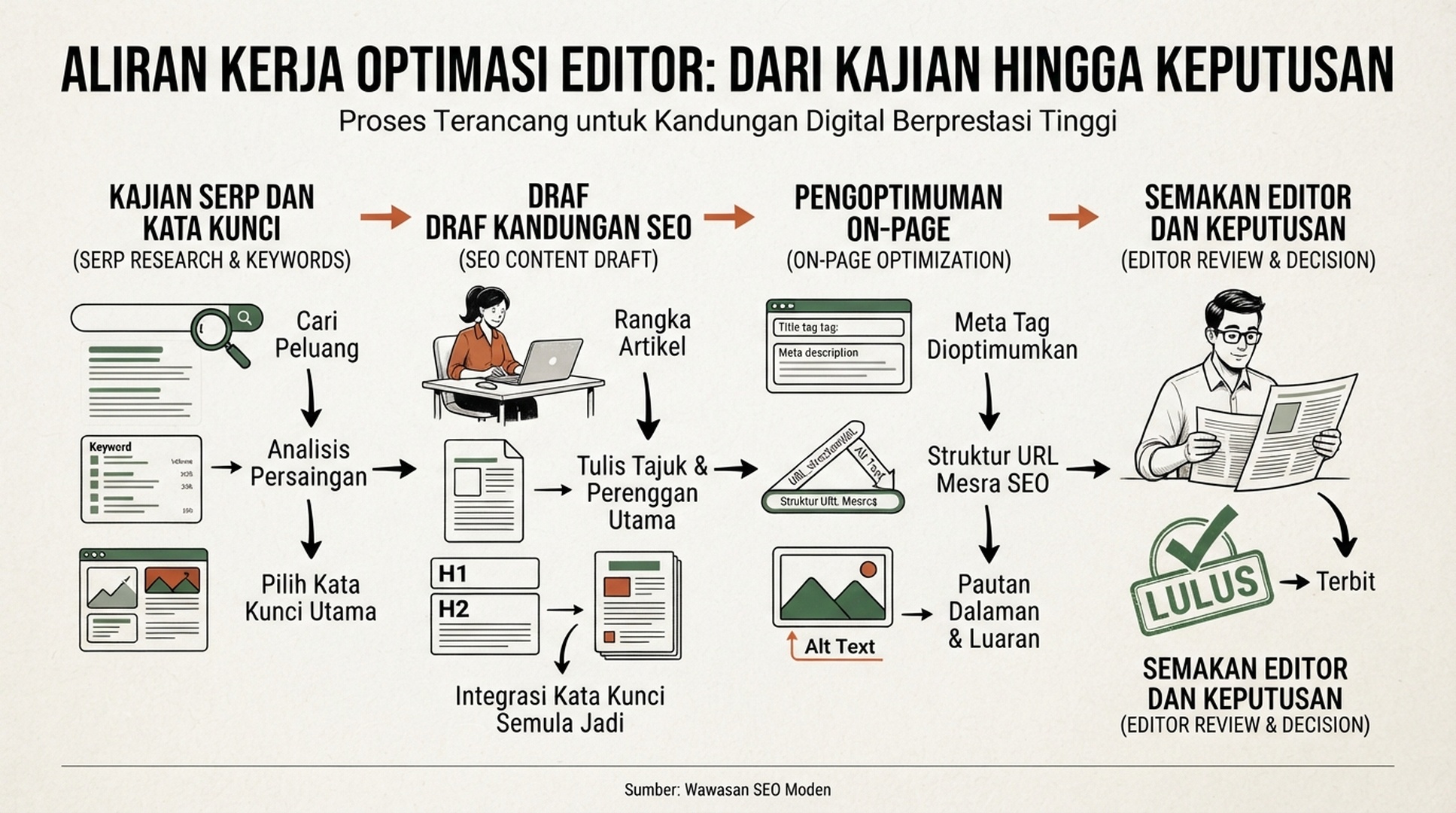 Infografik Bahasa Melayu tentang aliran optimasi editorial daripada SERP ke keputusan editor