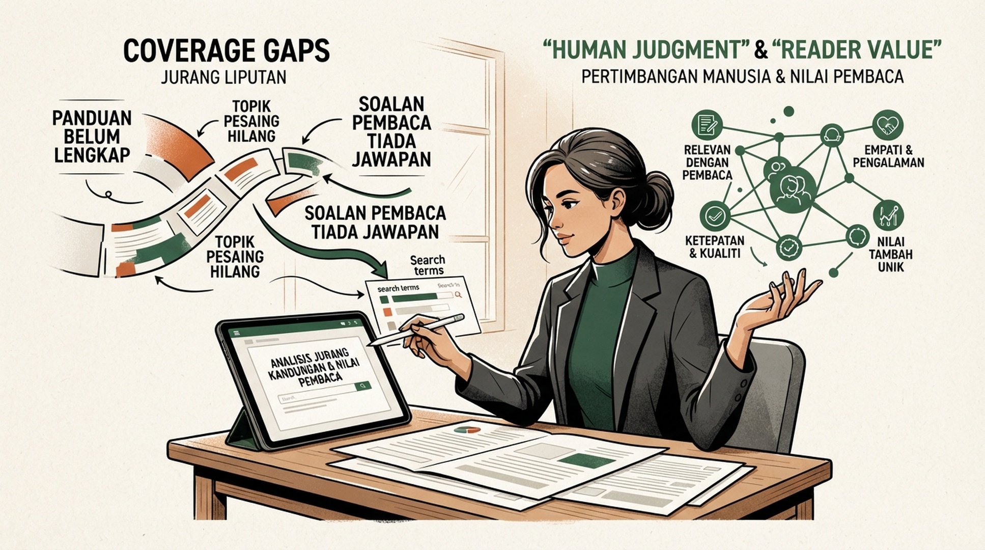 Infografik Bahasa Melayu tentang jurang liputan, semakan manusia dan nilai pembaca