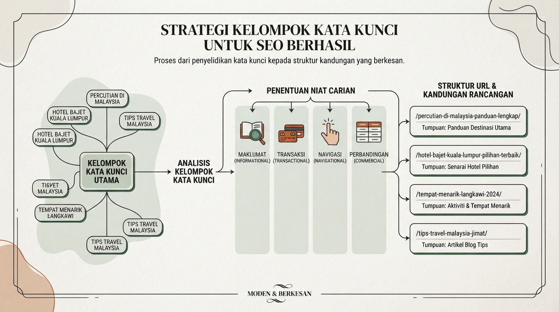 Infografik Bahasa Melayu daripada kata kunci ke kelompok, niat carian dan pelan URL