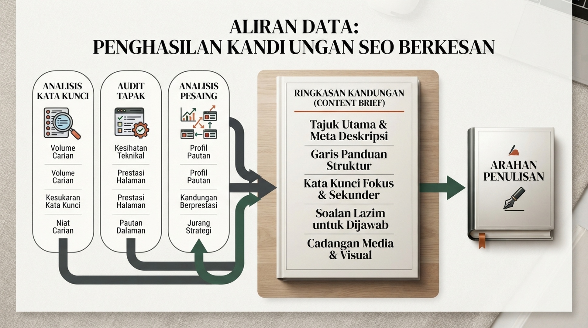 Infografik Bahasa Melayu yang menghubungkan kata kunci, pesaing dan audit laman kepada brief