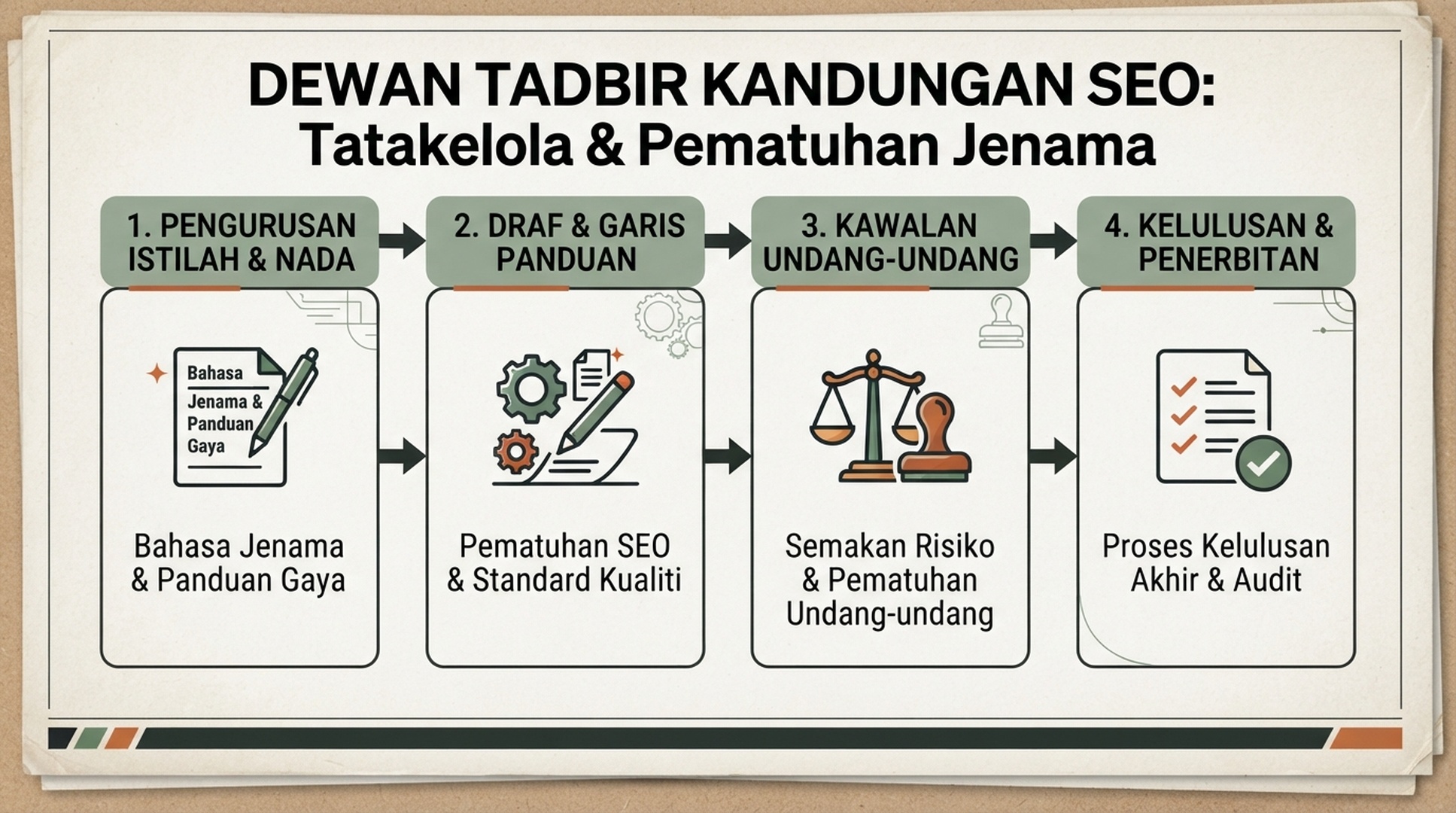 Infografik Bahasa Melayu tentang tadbir urus kandungan dengan istilah jenama, peraturan, semakan undang-undang dan kelulusan