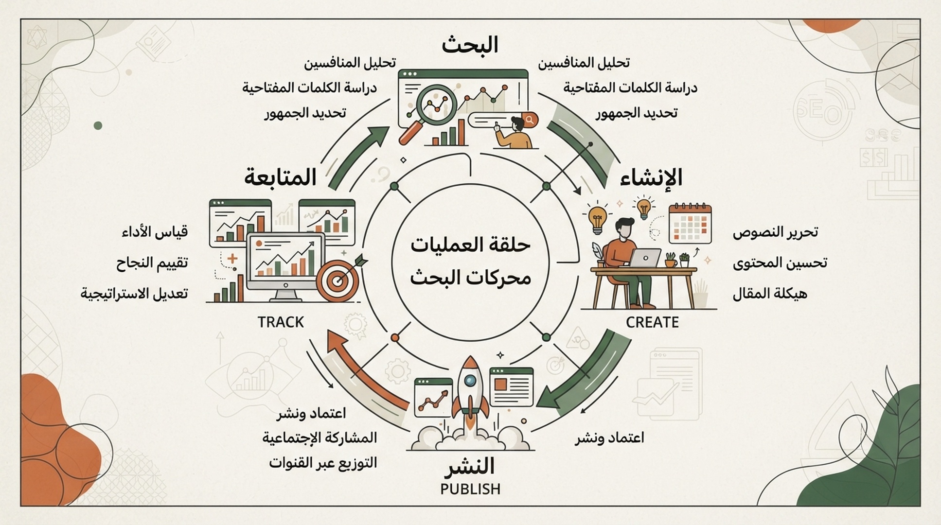 رسم معلوماتي عربي عن حلقة عمليات محتوى SEO في Auspia