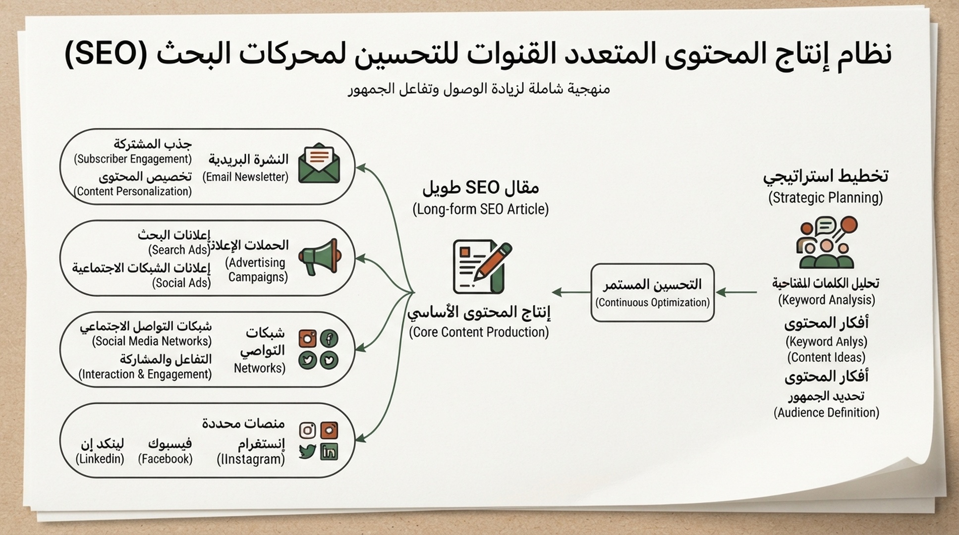 رسم معلوماتي عربي لإنتاج متعدد القنوات لمقالات SEO والبريد والحملات والاجتماعي