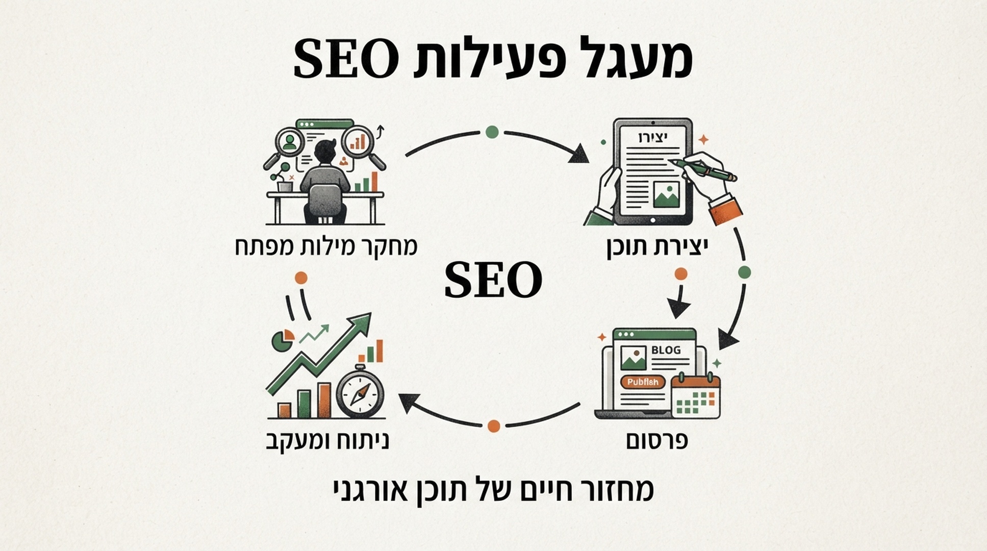 אינפוגרפיקה בעברית על לולאת תפעול תוכן SEO של Auspia