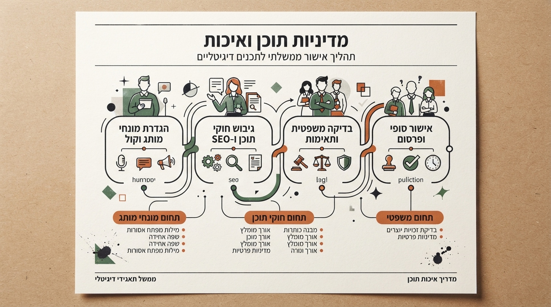 אינפוגרפיקה בעברית על ממשל תוכן עם מונחי מותג, כללים, בדיקה משפטית ואישור