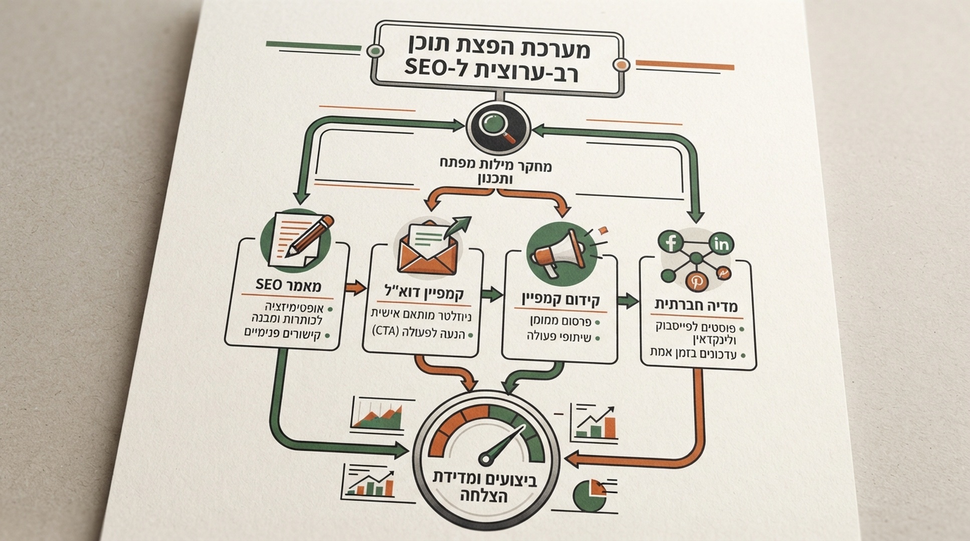 אינפוגרפיקה בעברית להפקה רב-ערוצית של מאמר SEO, אימייל, קמפיין וחברתי