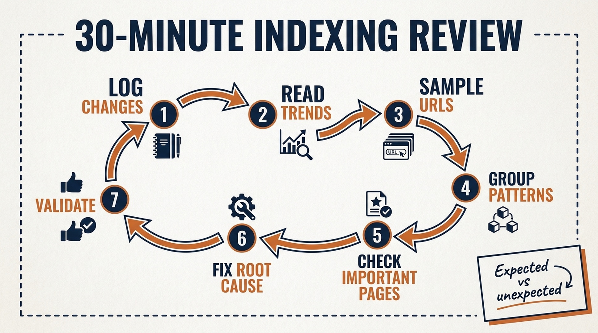Seven-step weekly workflow for reviewing Search Console Page Indexing changes