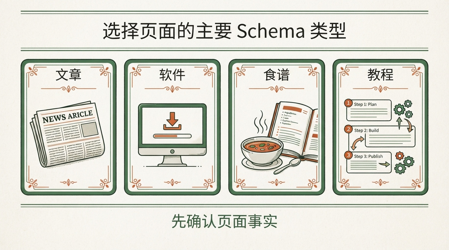 根据文章、软件、食谱和教程等页面目的选择主要 Schema 类型的决策图。