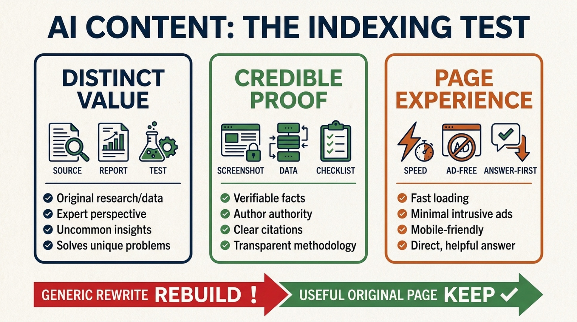 AI content quality audit across information value, page experience, and proof