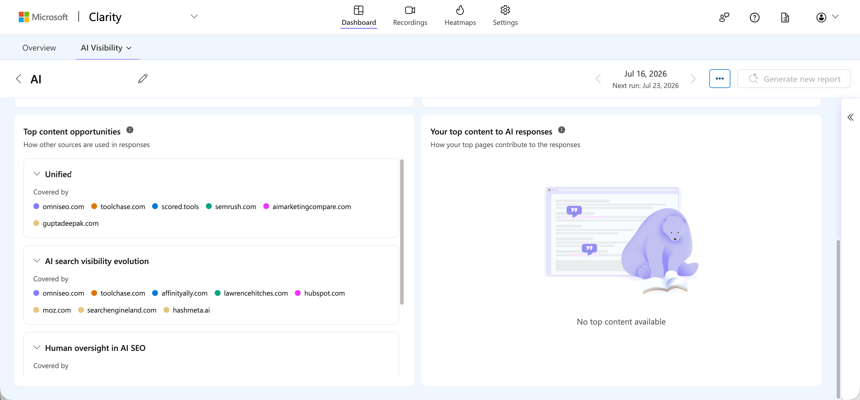 Example Microsoft Clarity Topic Insights content-opportunities and top-content area showing source coverage and no current top content.