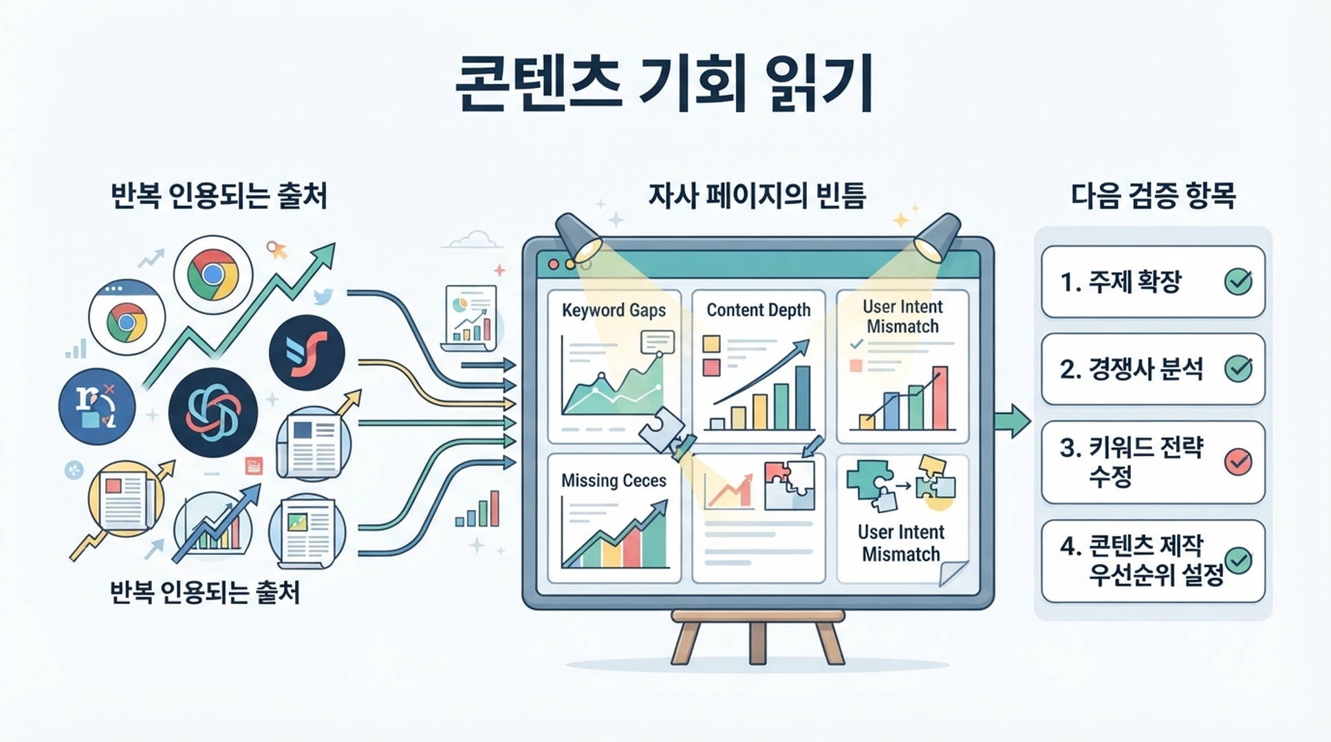 반복 인용 출처, 자사 페이지의 빈틈, 다음 검증 항목을 확인하는 콘텐츠 기회 검토 보드.