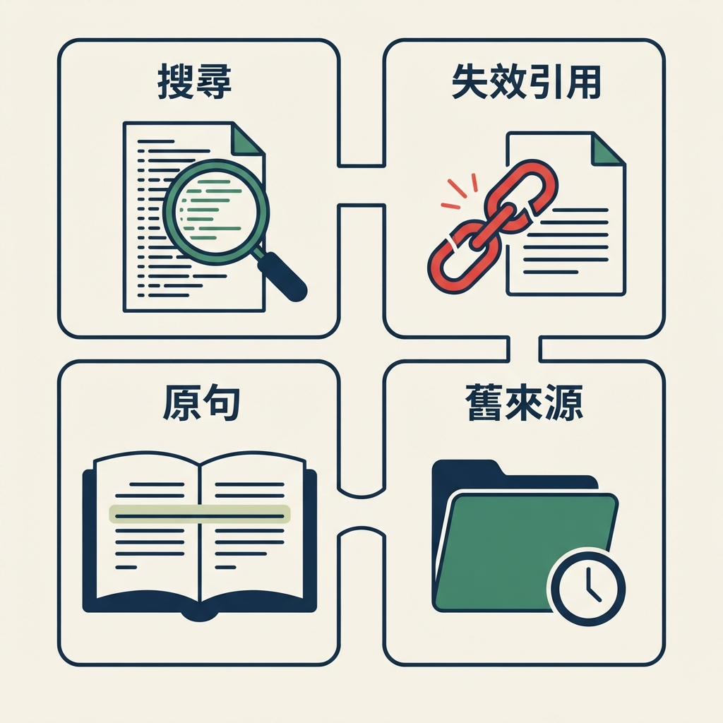 維基百科失效連結外鏈工作流程：從尋找失效引用，到建立實用資源並替換原有引用。