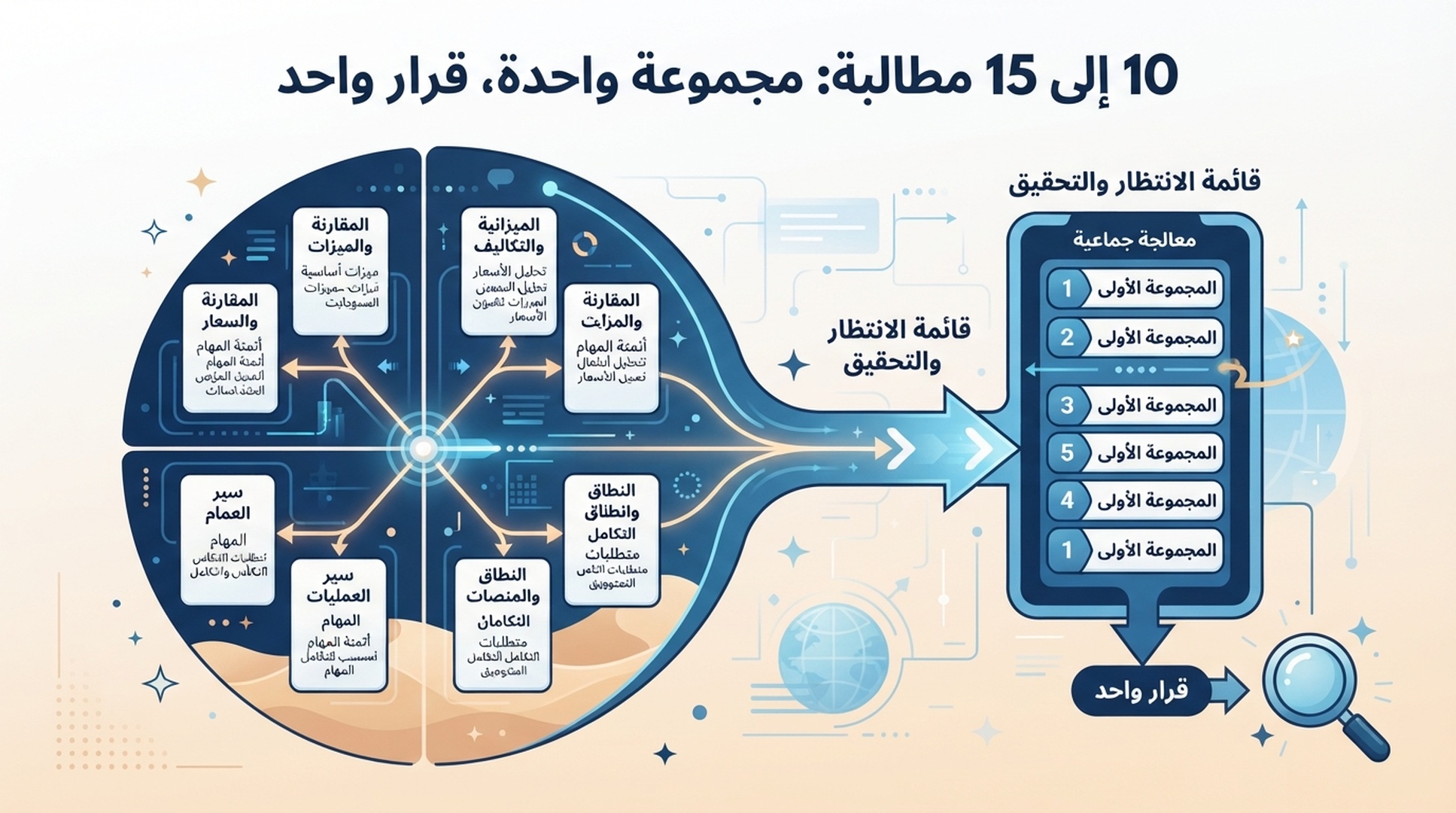 إنفوغرافيك عربي يقسم 10 إلى 15 مطالبة لمراقبة GEO إلى مقارنة الشراء والميزانية وسير العمل ونطاق المنصة.