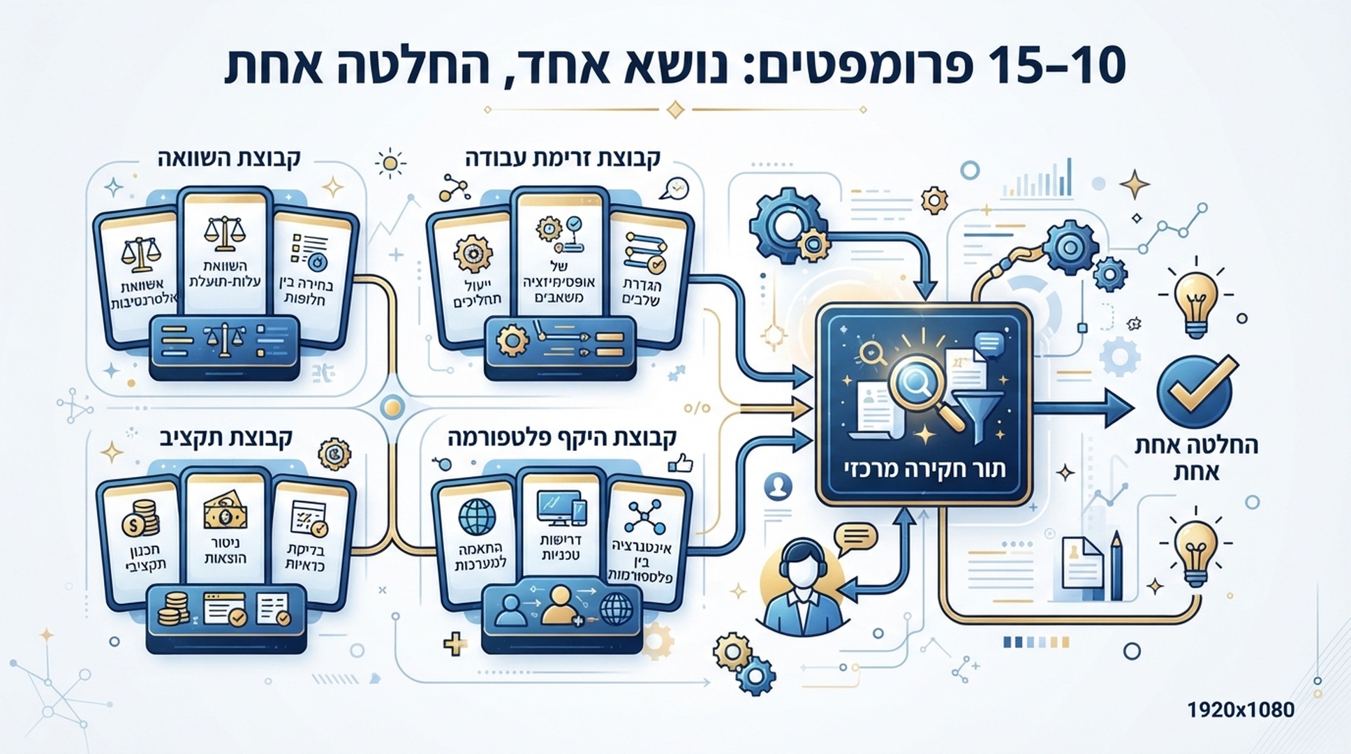 אינפוגרפיקה עברית המחלקת 10 עד 15 פרומפטים להשוואת קנייה, תקציב, תהליך וגבולות פלטפורמה.