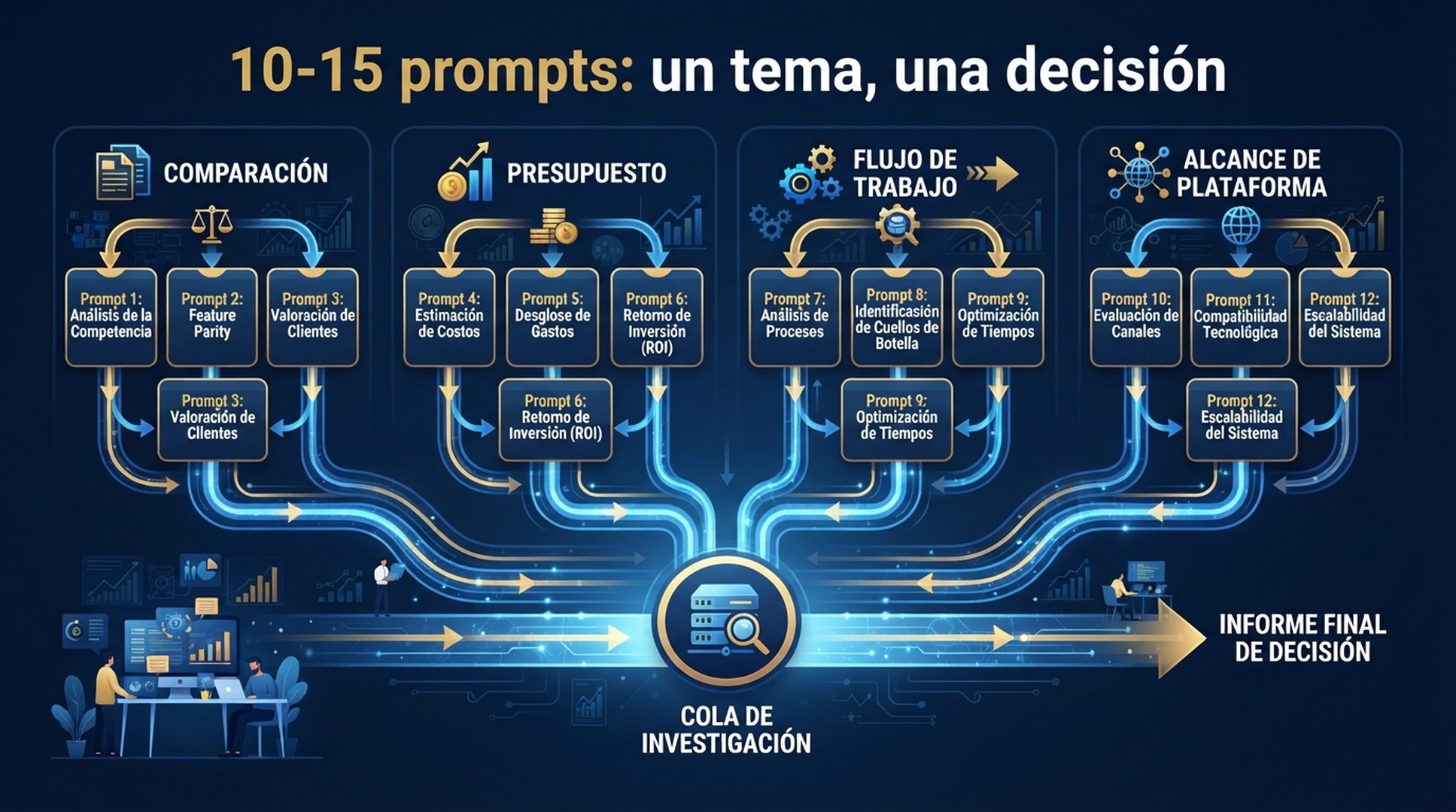 Infografía en español que agrupa 10 a 15 prompts GEO por comparación, presupuesto, flujo de trabajo y alcance de plataforma.