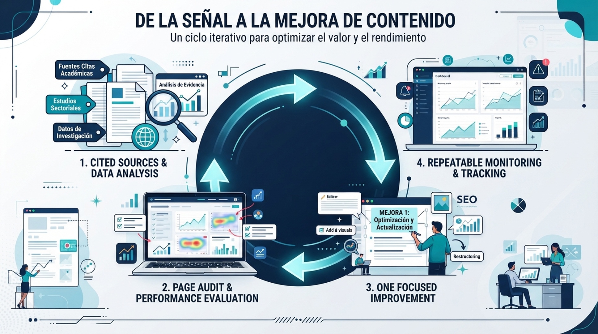 Infografía en español de un ciclo de evidencia desde fuentes citadas hasta auditoría de página, mejora de contenido y monitorización repetible.