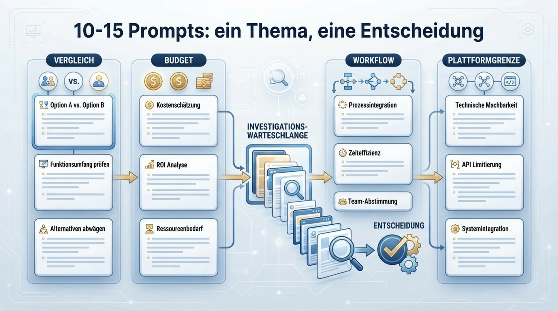 Deutsche Infografik, die 10 bis 15 GEO-Prompts nach Kaufvergleich, Budget, Workflow und Plattformgrenze gruppiert.