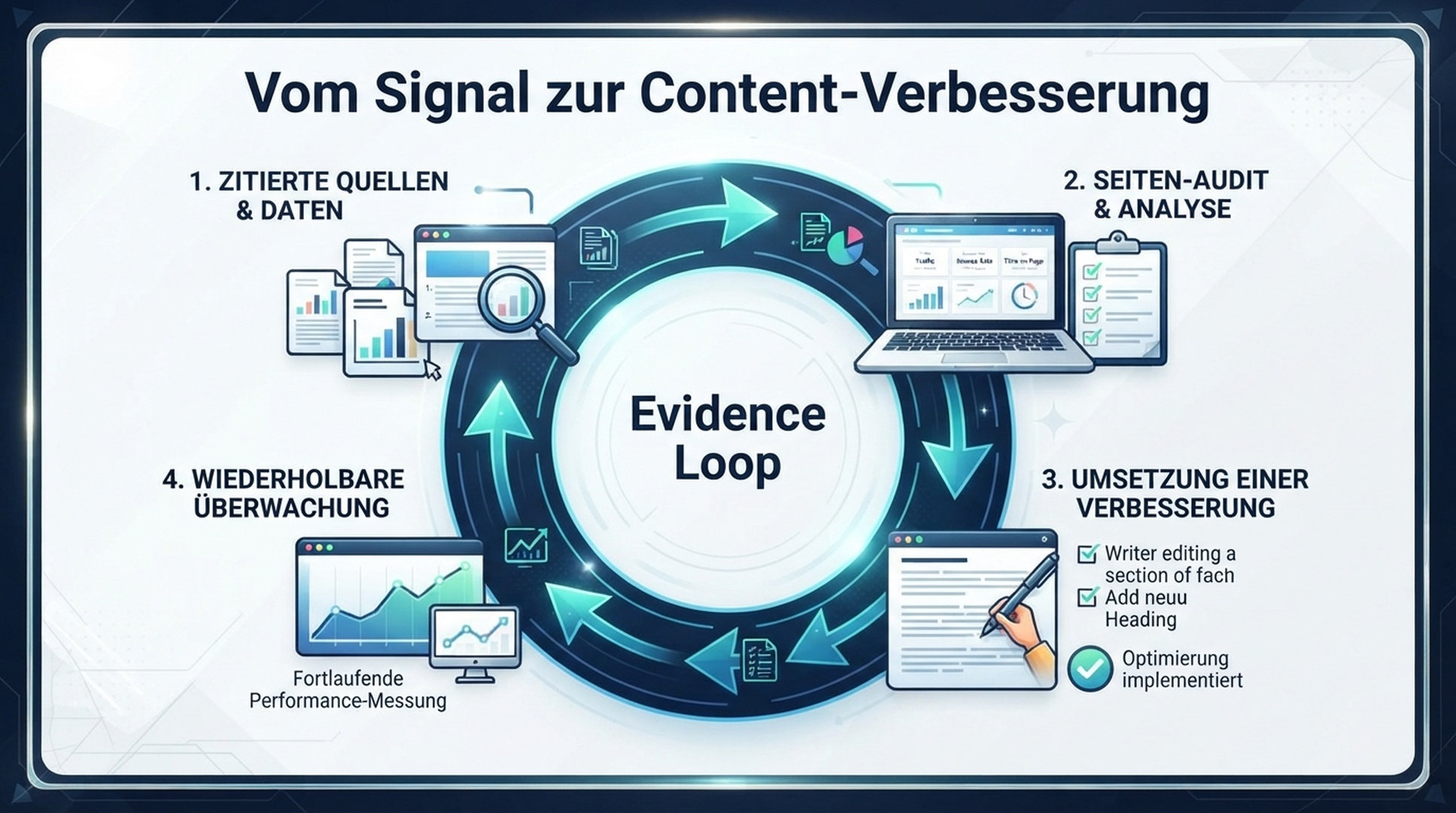 Deutsche Infografik einer Evidenzschleife von zitierten Quellen über Seitenprüfung und eine Content-Verbesserung zu wiederholbarem Monitoring.