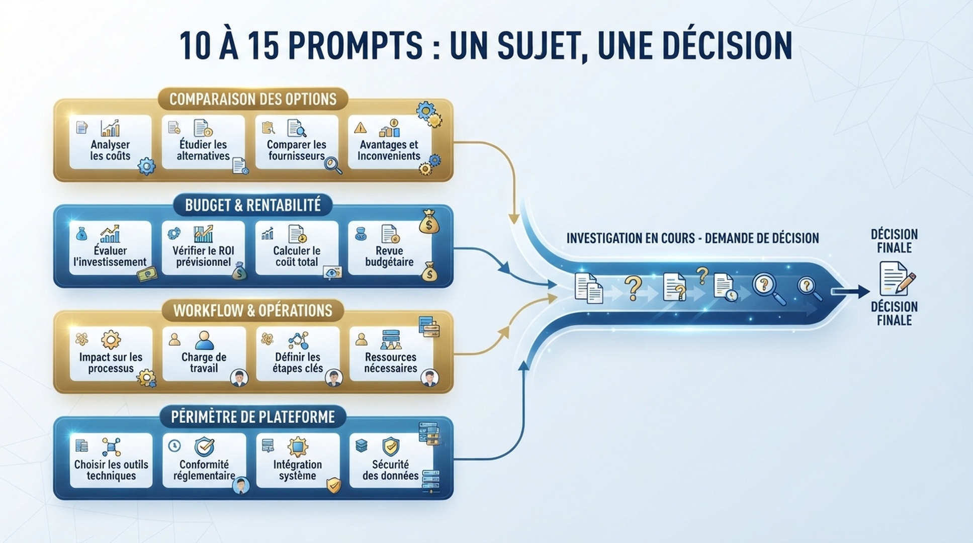 Infographie française répartissant 10 à 15 prompts GEO entre comparaison, budget, workflow et périmètre de plateforme.