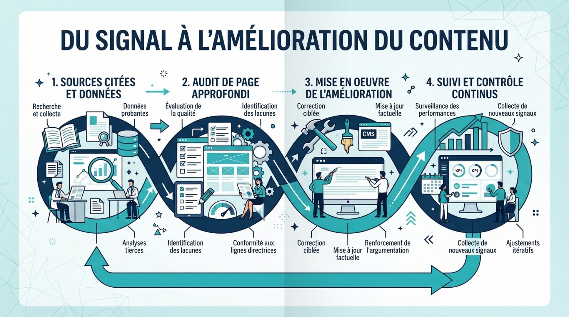 Infographie française montrant une boucle de preuve des sources citées vers l'audit de page, une amélioration de contenu et un suivi répétable.