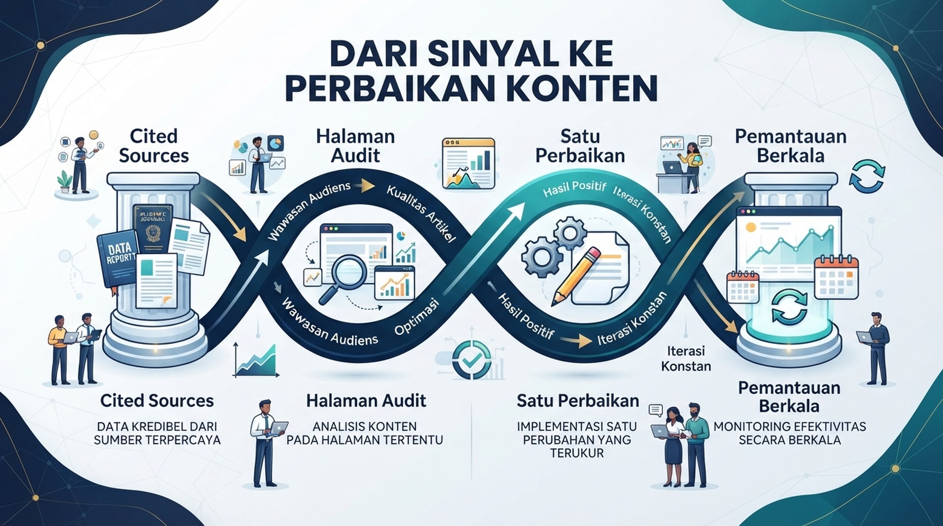Infografik Indonesia tentang siklus bukti dari sumber yang dikutip ke audit halaman, satu perbaikan konten, dan pemantauan berulang.