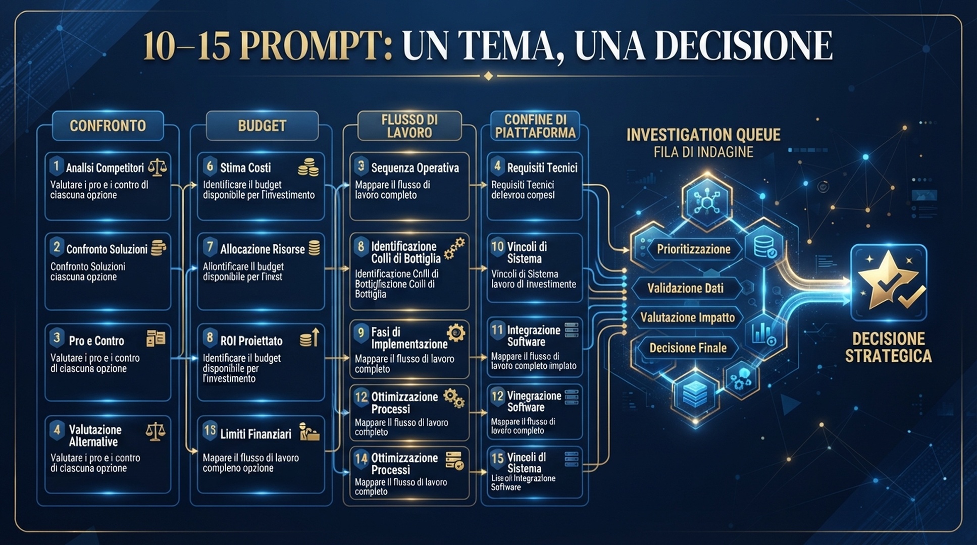 Infografica italiana che raggruppa 10-15 prompt GEO per confronto, budget, flusso di lavoro e confine di piattaforma.