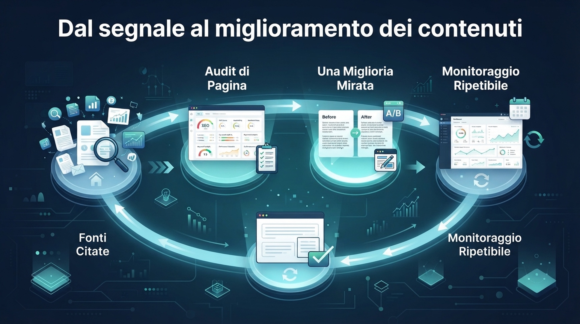Infografica italiana di un ciclo di evidenze da fonti citate ad audit della pagina, miglioramento del contenuto e monitoraggio ripetibile.