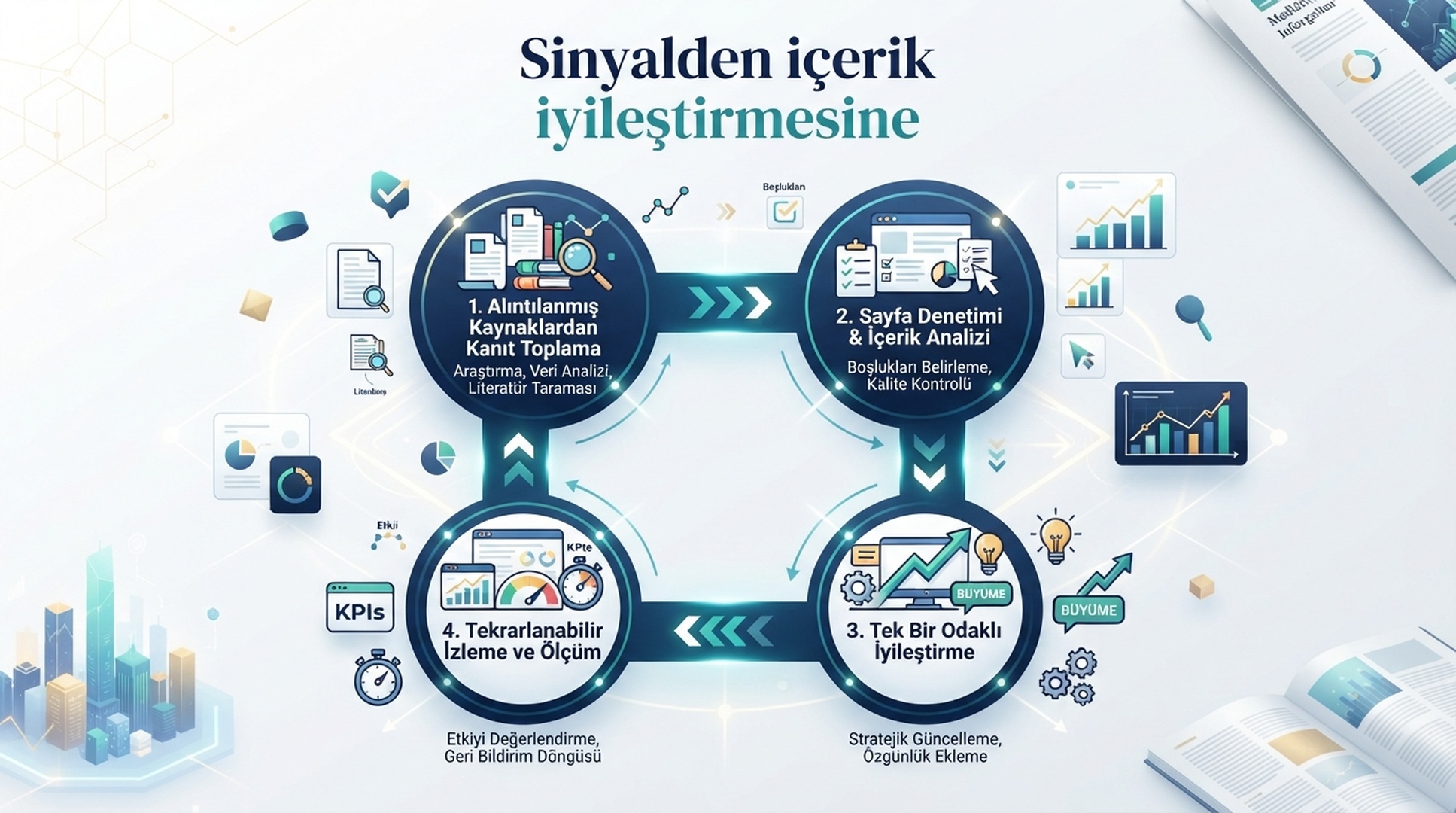 Alıntılanan kaynaklardan sayfa denetimine, bir içerik iyileştirmesine ve tekrarlanabilir izlemeye giden Türkçe kanıt döngüsü infografiği.