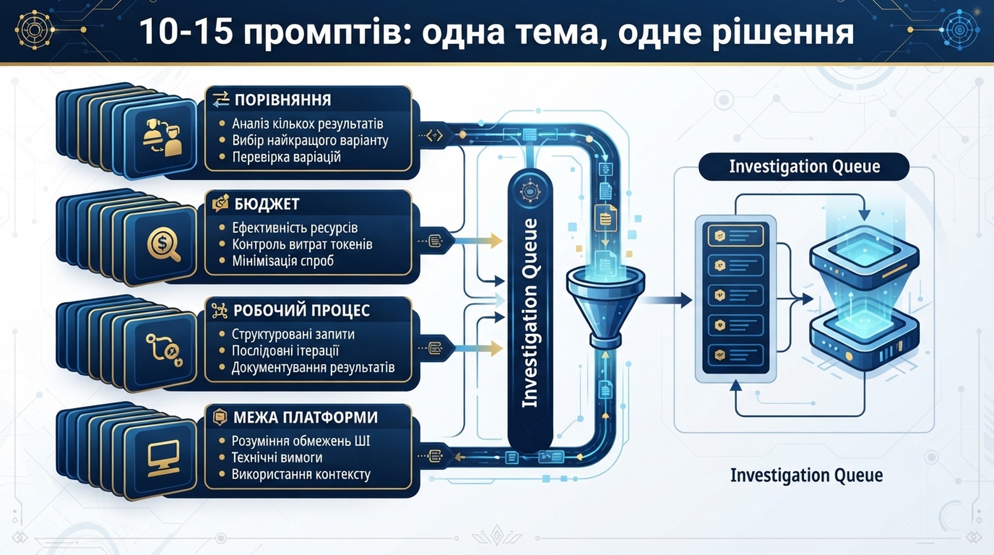Українська інфографіка, що групує 10-15 GEO-промптів за порівнянням, бюджетом, робочим процесом і межею платформи.