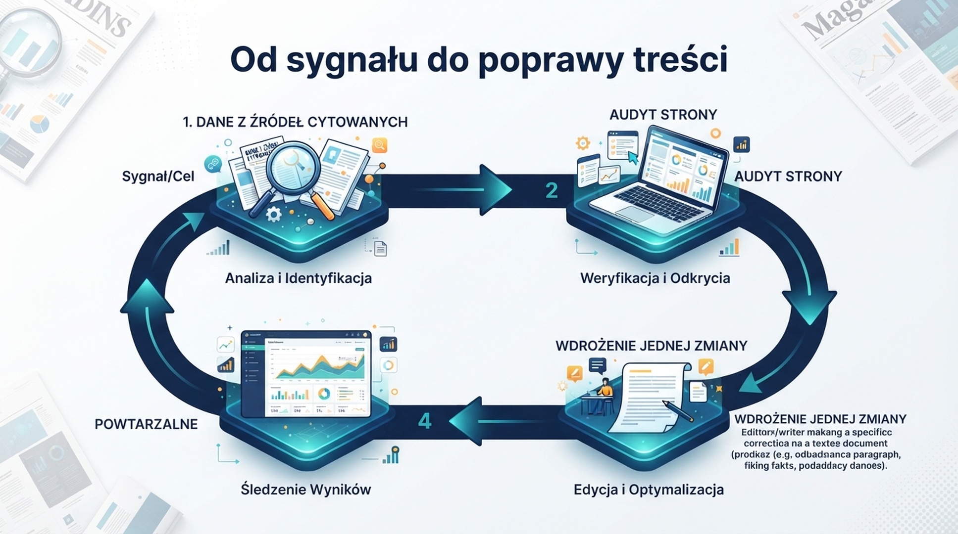 Polska infografika pętli dowodowej od cytowanych źródeł przez audyt strony i jedno ulepszenie treści do powtarzalnego monitoringu.