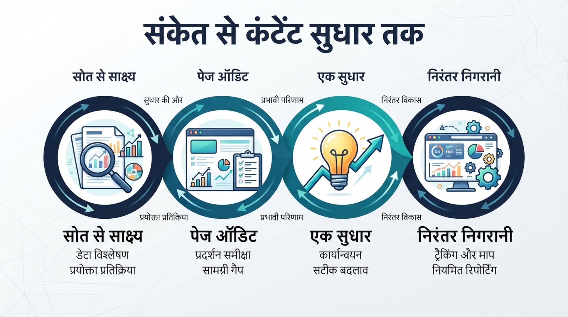 हिंदी इन्फोग्राफिक जिसमें उद्धृत स्रोतों से पेज ऑडिट, एक कंटेंट सुधार और दोहराने योग्य मॉनिटरिंग तक प्रमाण चक्र दिखाया गया है।