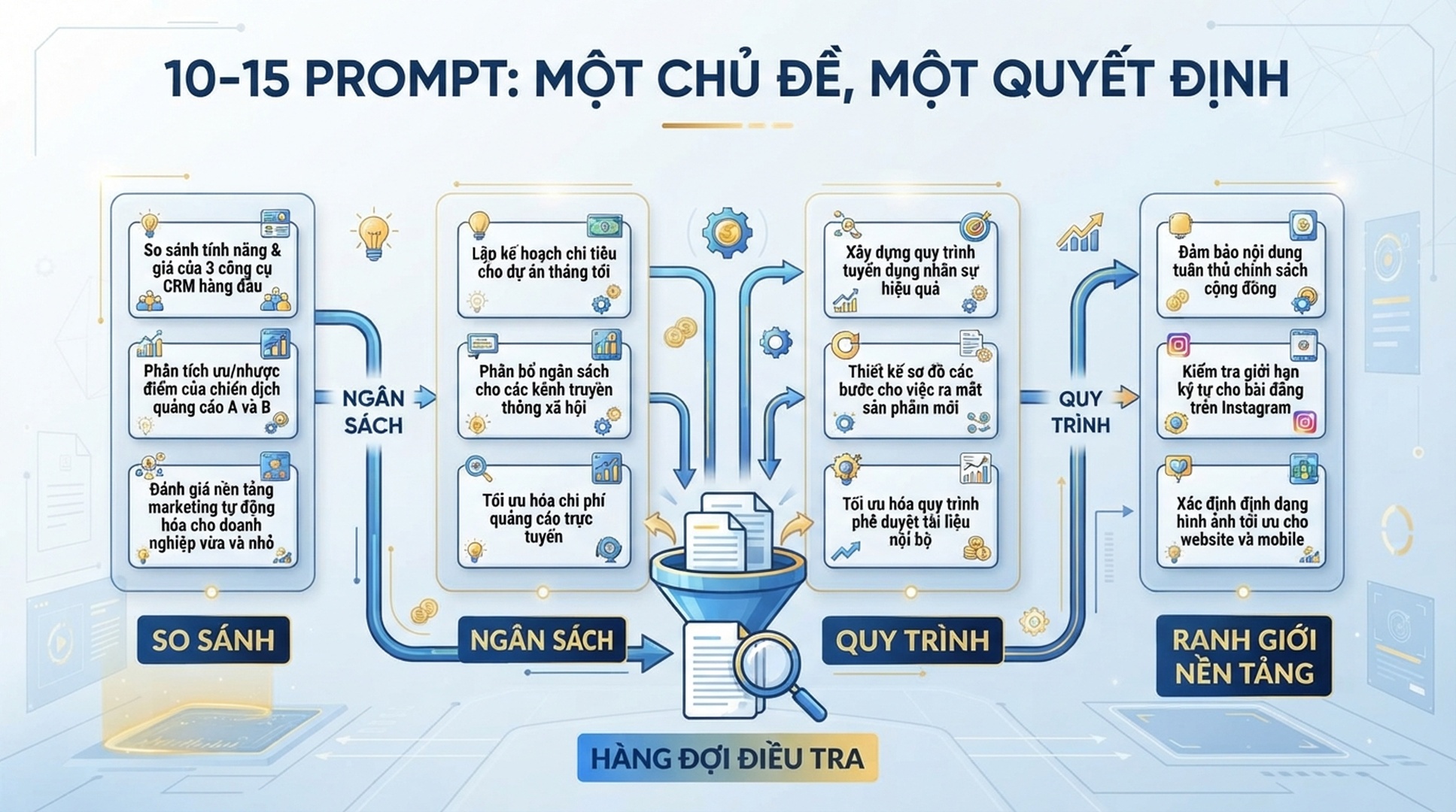 Infographic tiếng Việt nhóm 10 đến 15 prompt GEO theo so sánh, ngân sách, quy trình và ranh giới nền tảng.