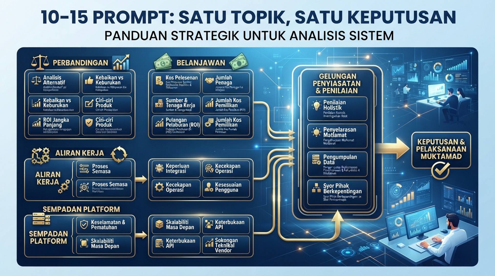 Infografik Bahasa Melayu yang mengelompokkan 10 hingga 15 prompt GEO mengikut perbandingan, bajet, aliran kerja dan sempadan platform.