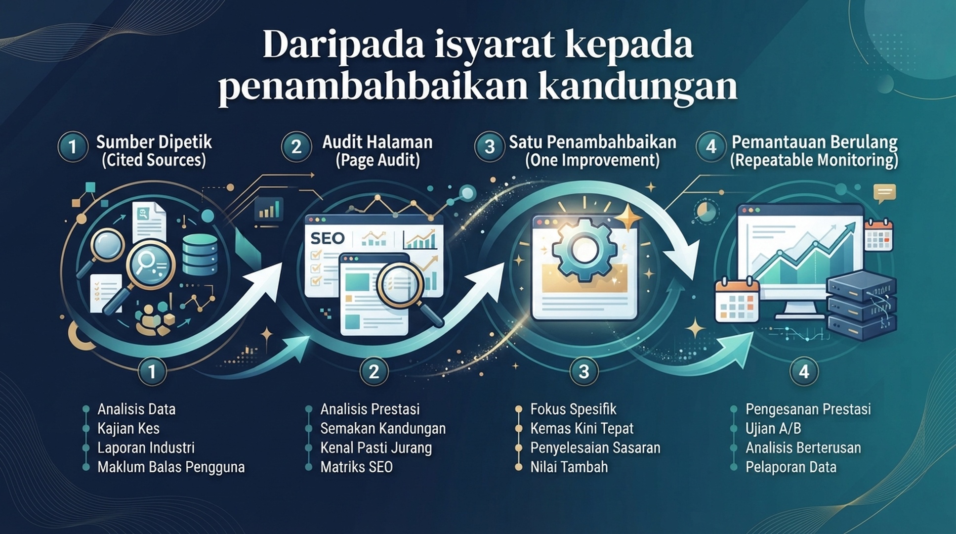 Infografik Bahasa Melayu bagi gelung bukti daripada sumber dipetik ke audit halaman, satu penambahbaikan kandungan dan pemantauan berulang.