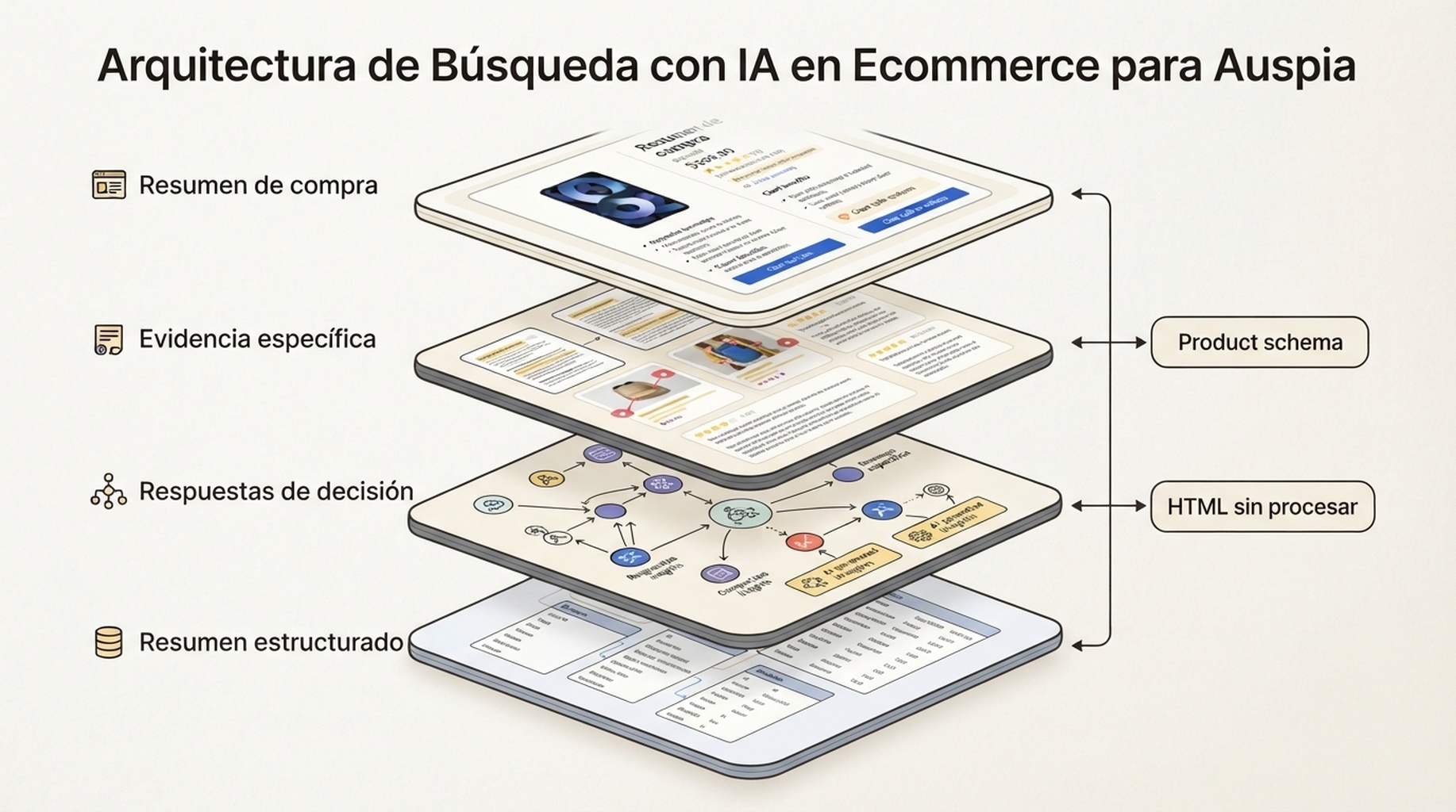 Arquitectura de cuatro capas para una página de producto legible por IA: resumen de compra, evidencia específica, respuestas de decisión y resumen de datos estructurados, con puntos de contacto de HTML sin procesar y Product schema.