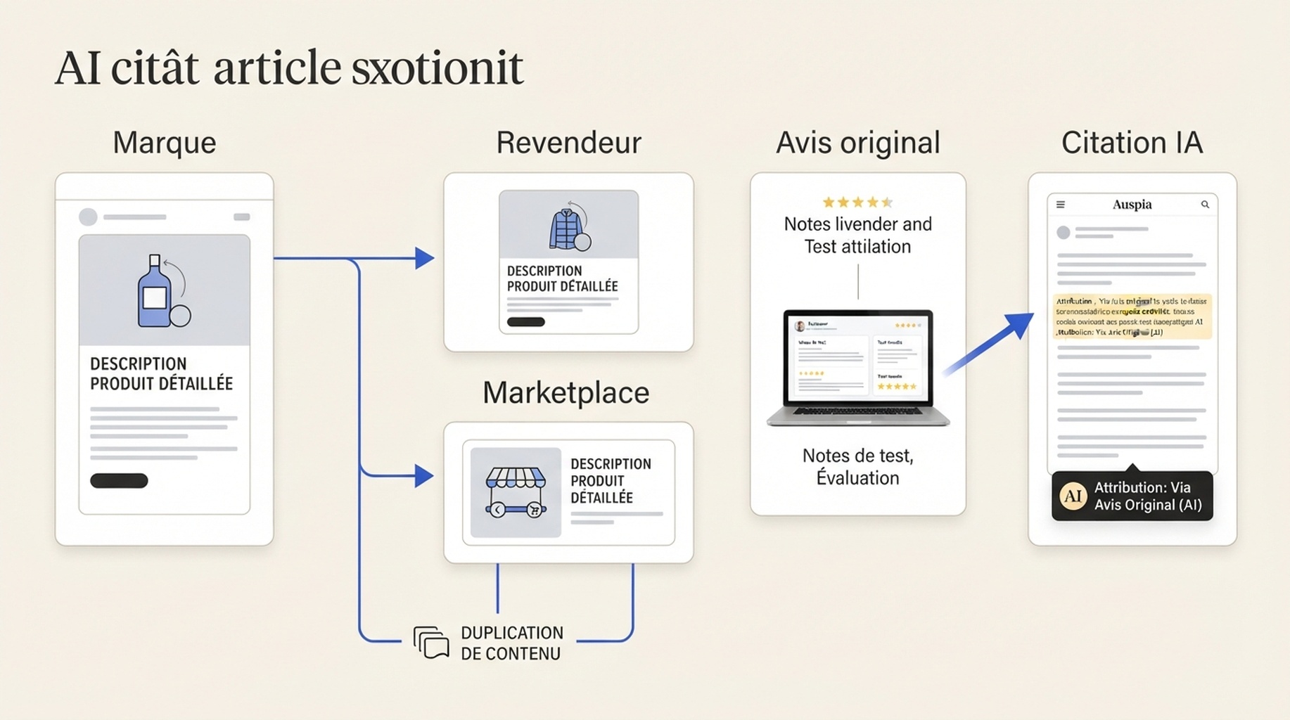 Schéma de parcours d'attribution montrant le même texte produit circuler d'une page de marque vers des revendeurs et marketplaces, tandis qu'une page éditoriale avec une comparaison originale reçoit la citation IA.