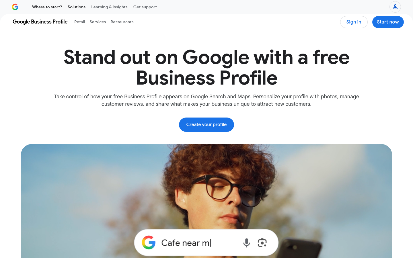 Google Business Profile public landing page for creating and managing a business profile