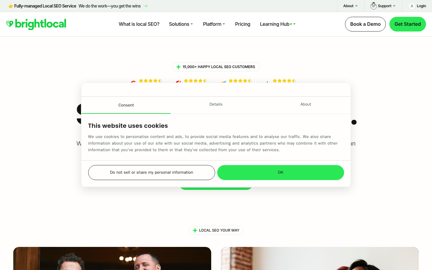 BrightLocal public homepage showing a local SEO platform