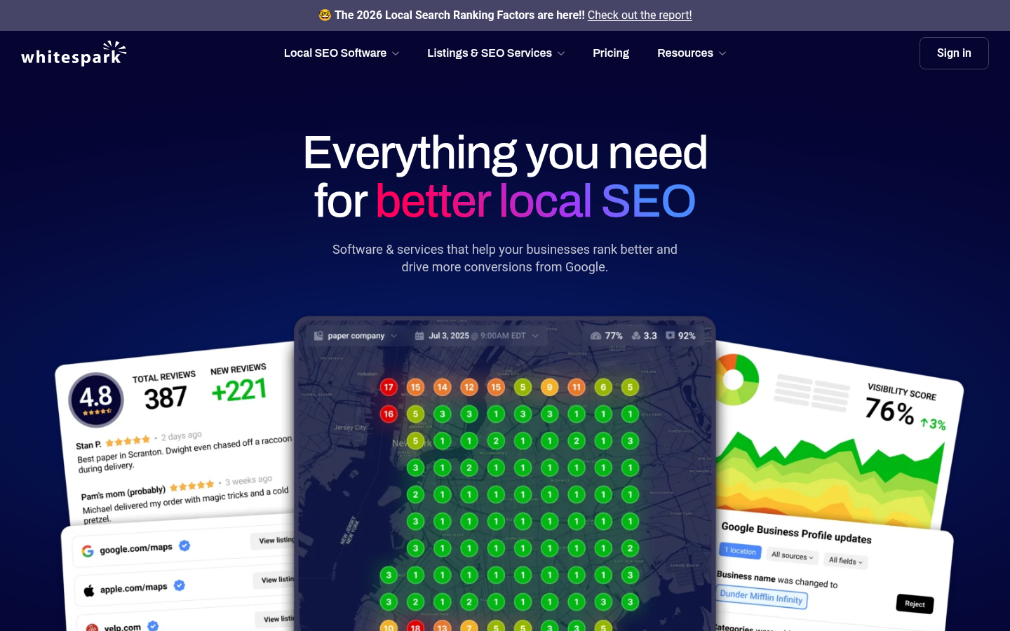 Whitespark public homepage showing local SEO software for rankings and citations