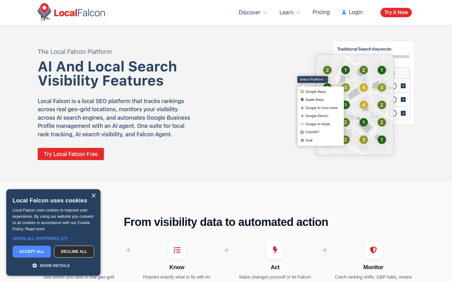 Local Falcon features page with geo-grid and AI local search visibility tools