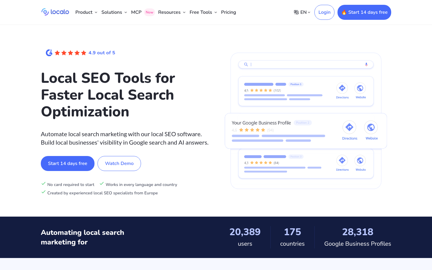 Localo public homepage presenting GBP optimization and local ranking tools
