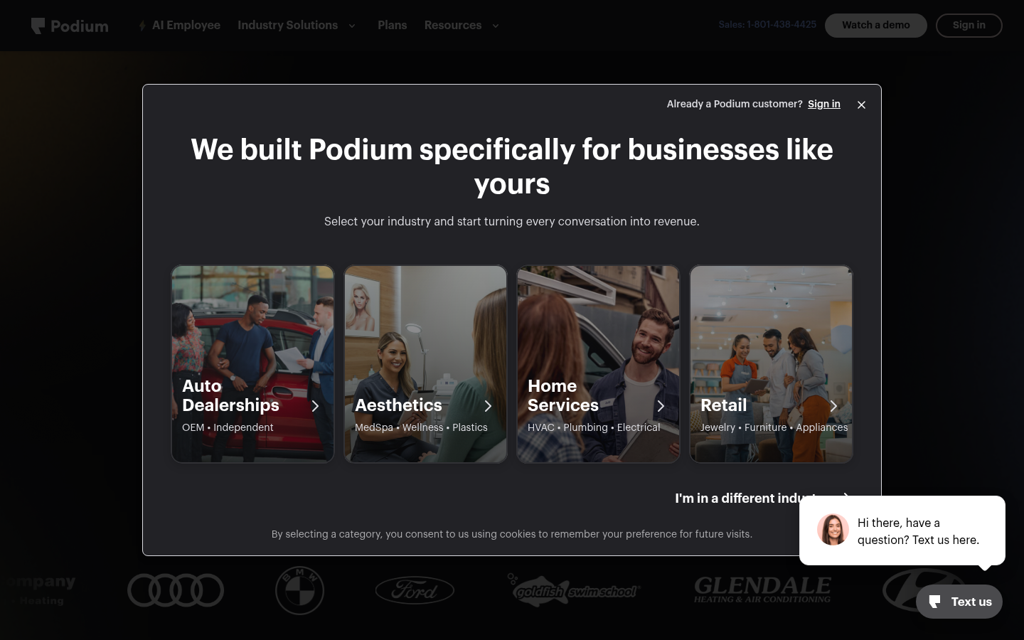 Podium public homepage presenting AI lead management, reviews, and messaging