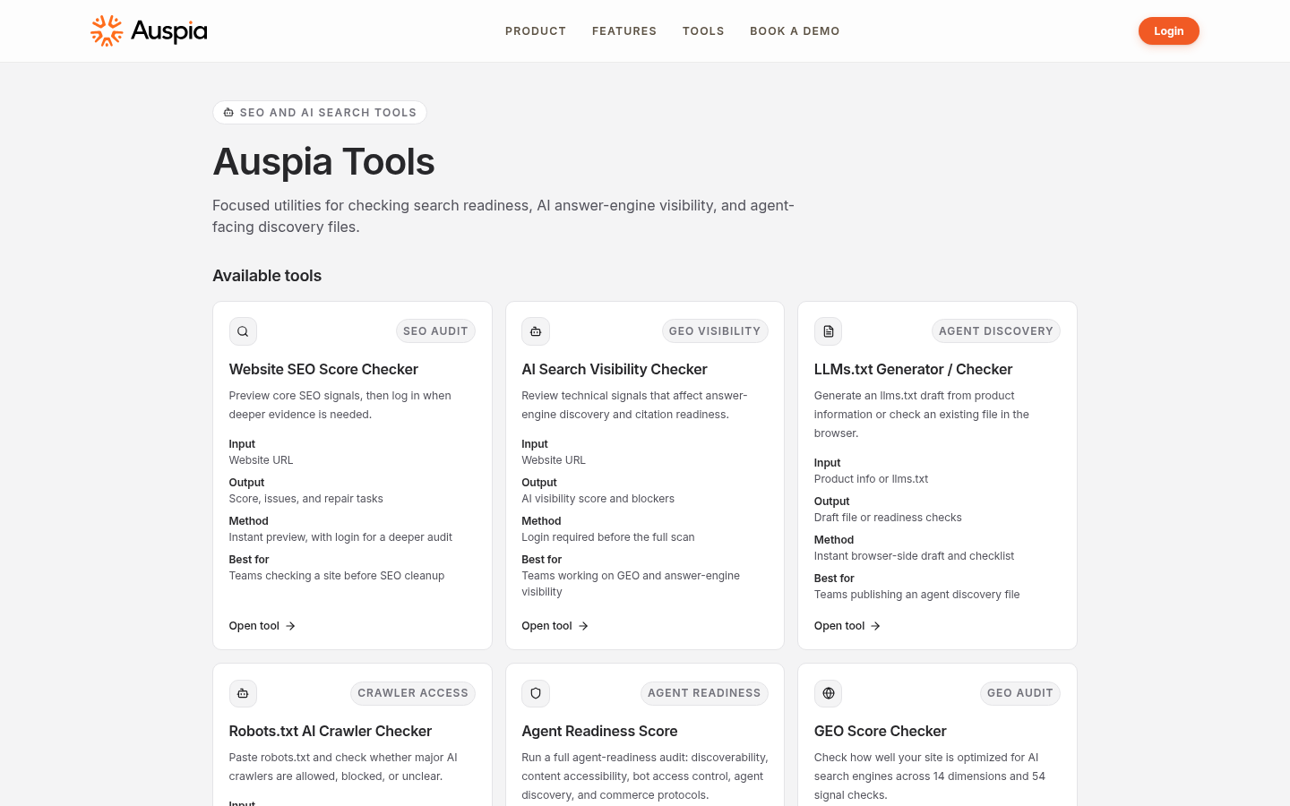 Auspia tools page showing SEO, AI search visibility, crawler, and GEO readiness tools